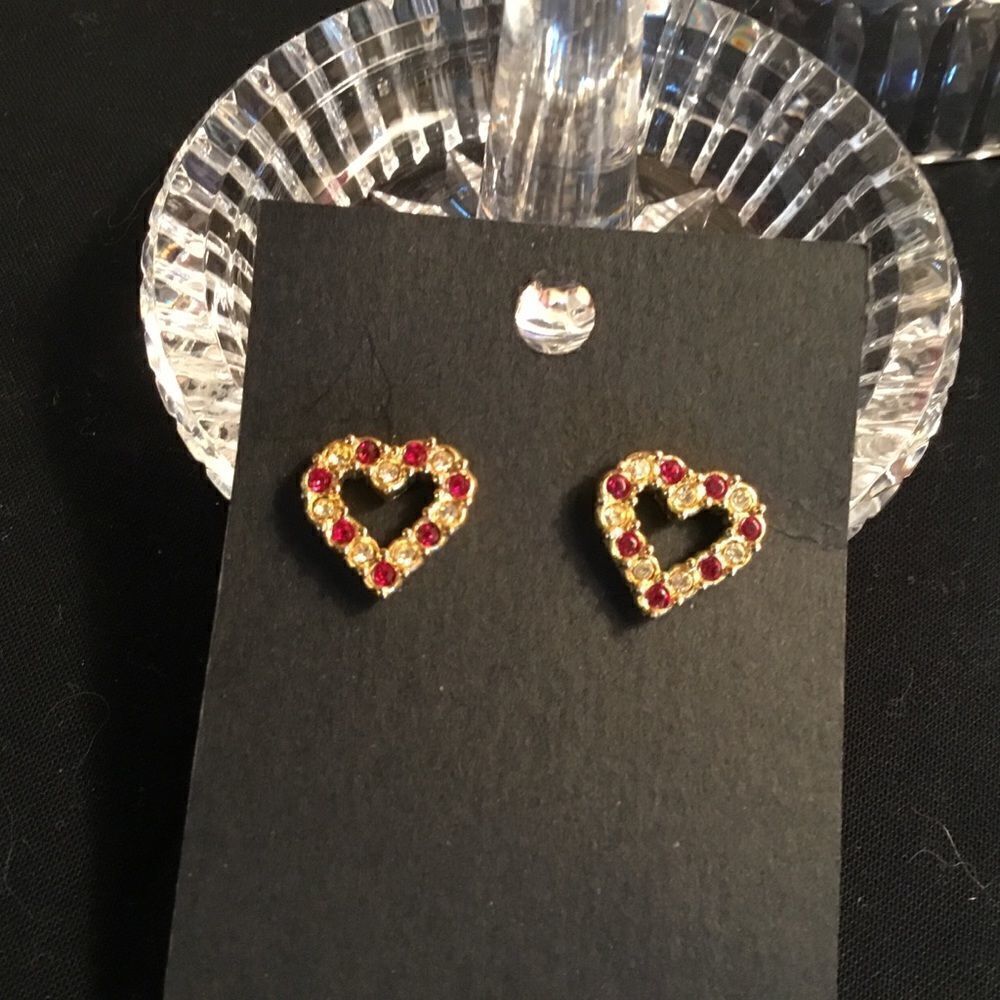 Goldtone Red and Clear Crystal Heart Earrings